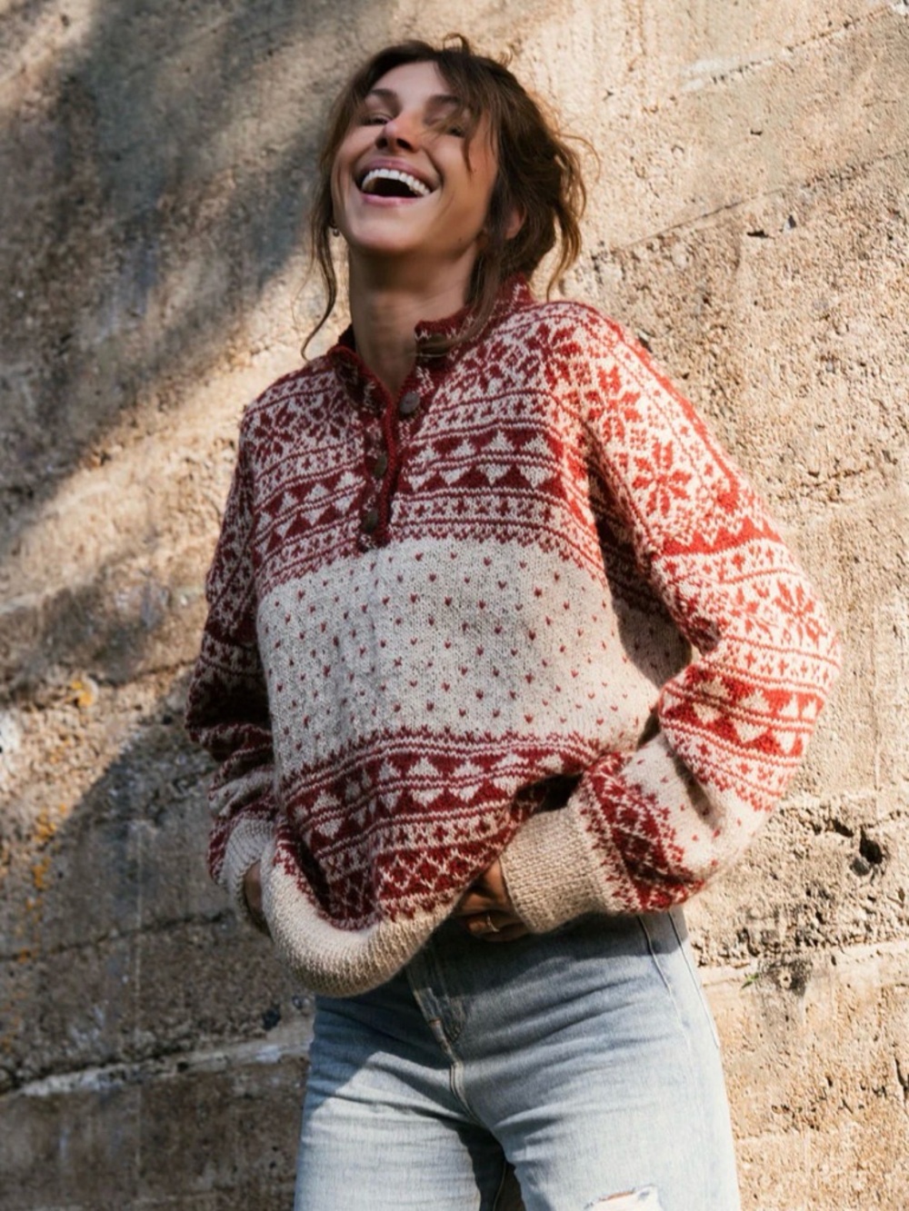 Imogene Oversized Wool Henley in Snowflake Print